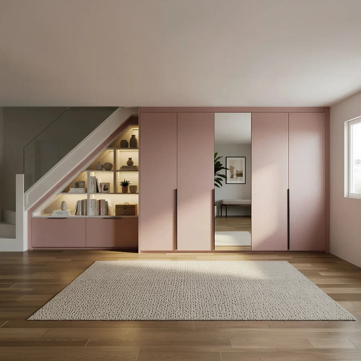 Primrose under stairs wardrobe: a blush pink slab wardrobe running under the staircase and along the wall, with a mirror door and lit open shelves in the stair triangle