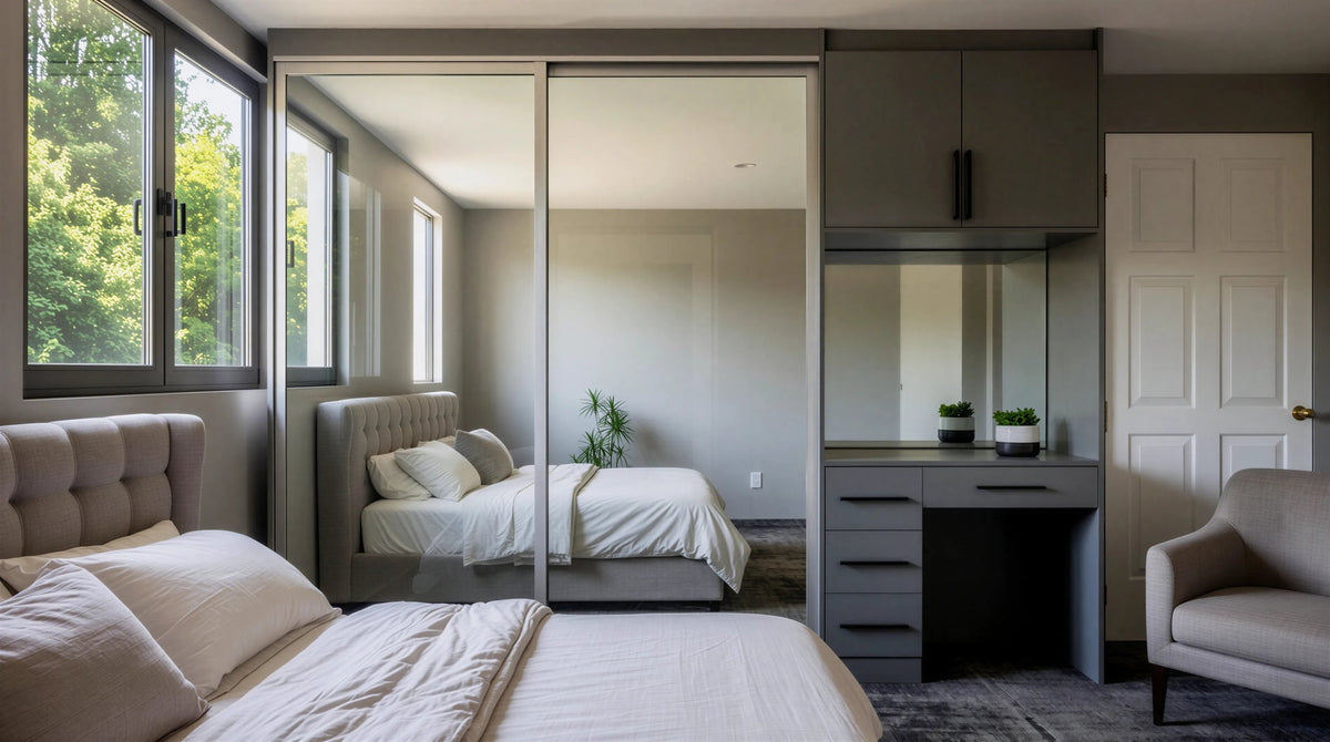 Mirror sliding wardrobe doors beside a bed and dressing table
