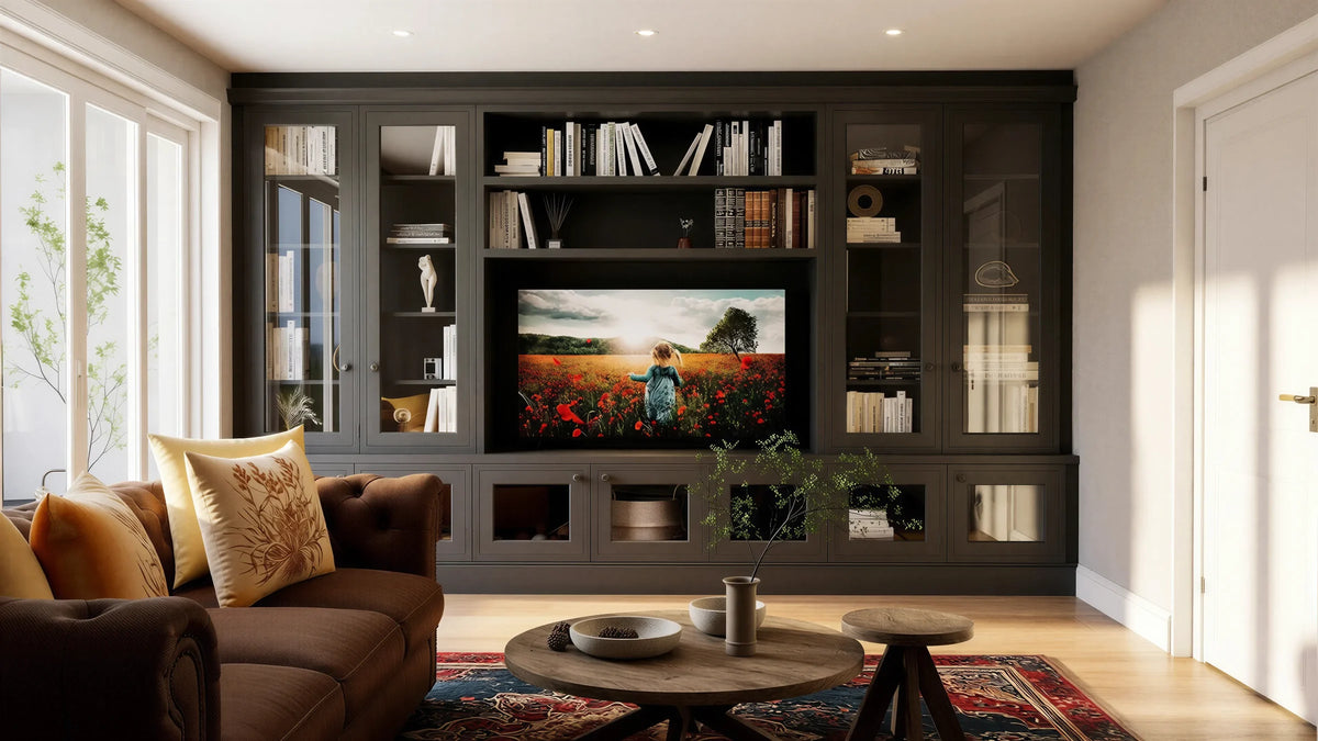 Montagu media wall in London: a wall-to-wall charcoal shaker media wall with the screen in a central bay, glazed cabinets with nickel knobs either side, open shelves, a cornice and glazed base cupboards, in a period living room. Made to measure by Metro Home Interiors