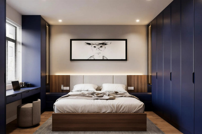 Navy blue fitted wardrobe — Jasper handleless doors with integrated edge grips