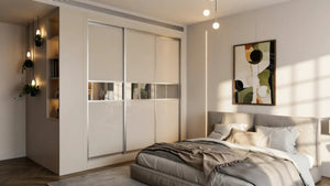 Oxford Mirror Sliding Wardrobe in London, Central 300 Mirror door layout: cashmere panels with silver mirror sections and silver profiles, made to measure by Metro Home Interiors