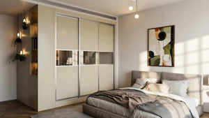 Oxford Mirror Sliding Wardrobe in London, Central 400 Mirror door layout: cashmere panels with silver mirror sections and silver profiles, made to measure by Metro Home Interiors