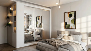 Oxford Mirror Sliding Wardrobe in London, Equal 2 Mirror door layout: cashmere panels with silver mirror sections and silver profiles, made to measure by Metro Home Interiors