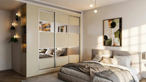 Oxford Mirror Sliding Wardrobe in London, Two 400 Mirror door layout: cashmere panels with silver mirror sections and silver profiles, made to measure by Metro Home Interiors