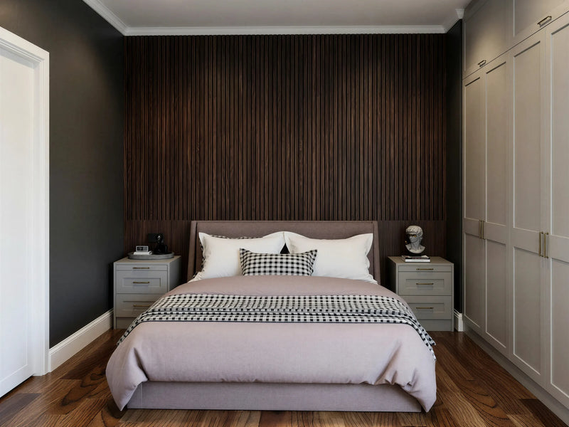 Parker MDF painted fitted wardrobe in London: pale grey 60mm shaker doors, wardrobes either side of the bed with matching bedside chests against a dark slatted wall, made to measure by Metro Home Interiors