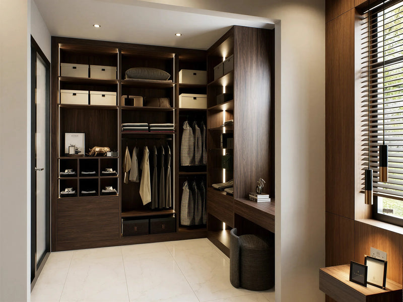 Pelham walk-in wardrobe in London from inside the nook: walnut box shelves, lit hanging, shoe cubbies and drawers, with the dressing desk return under the window. Made to measure by Metro Home Interiors
