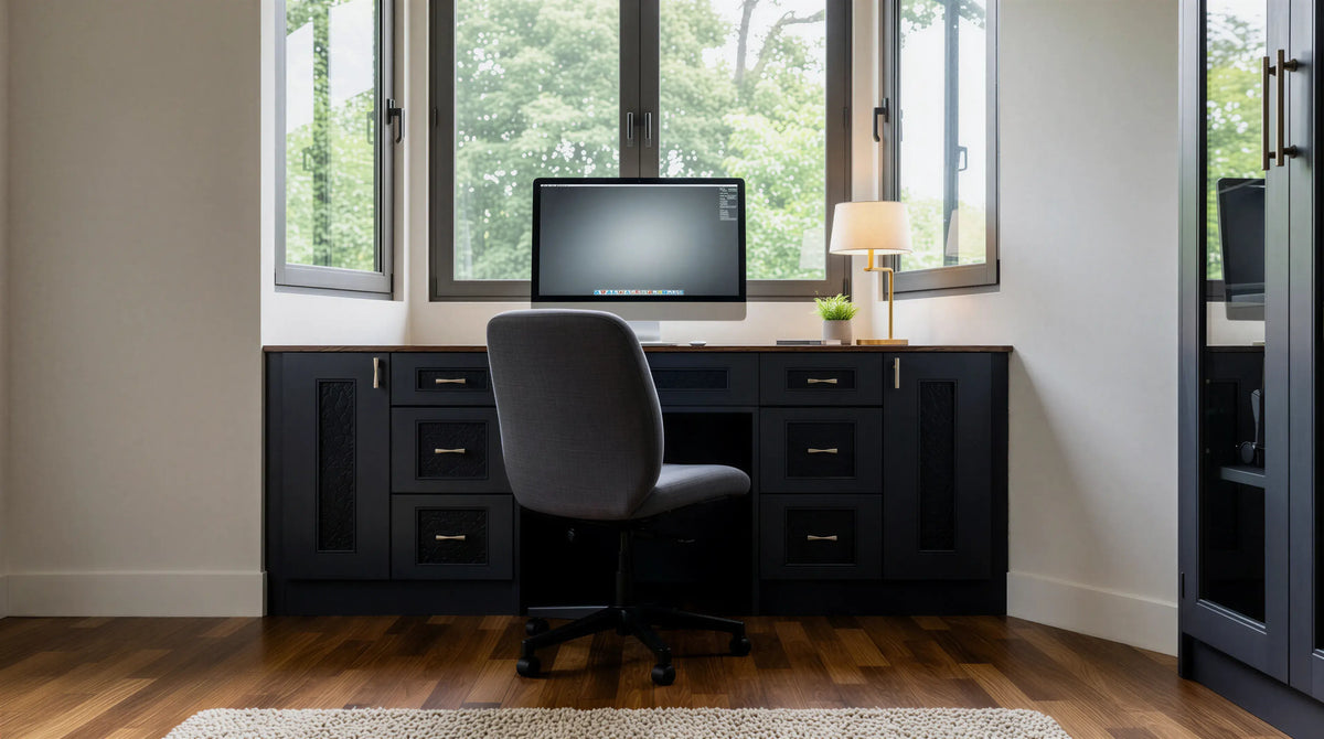 Ravenswood Office Space in Natural Casella Oak H1385 ST40 featuring bespoke fitted desk, slab door cabinets, oak shelving and made-to-measure home office furniture by Metro Home Interiors.