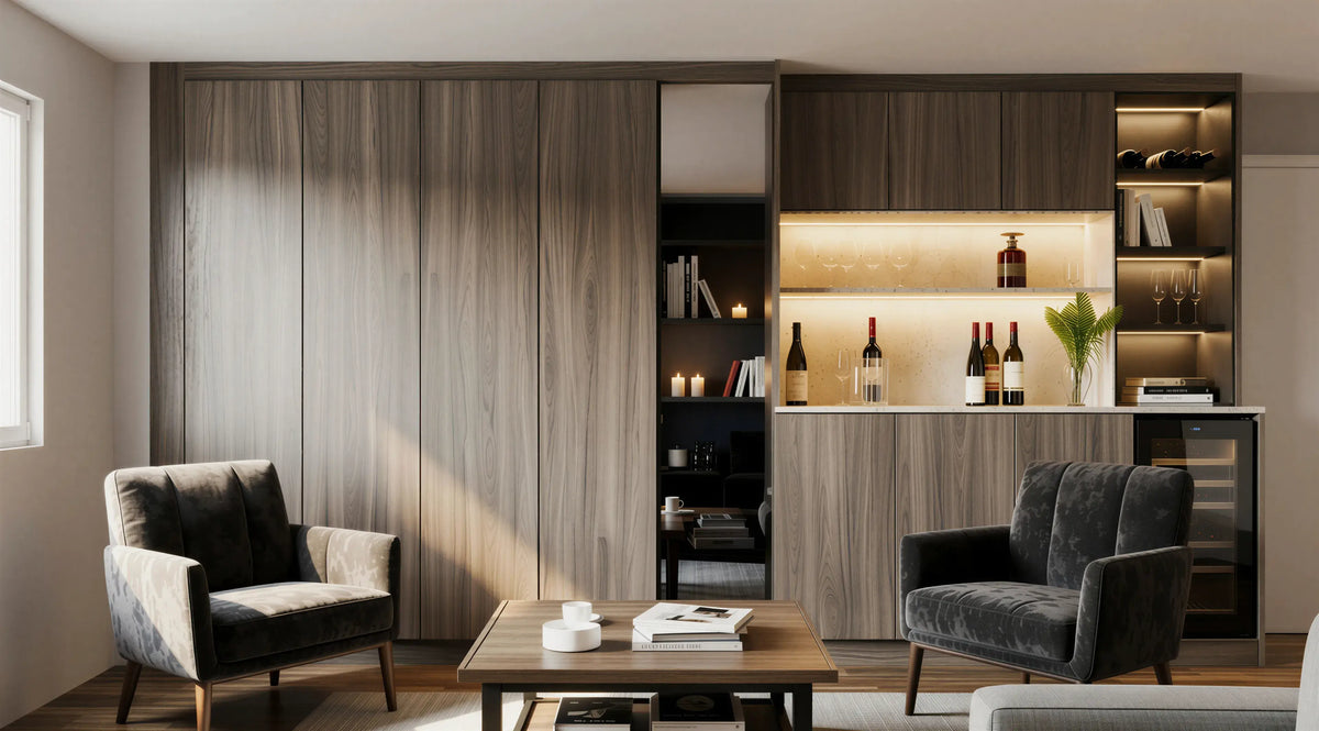 Bespoke home bar unit in Natural Carini Walnut with a Beige Ambiance Granite worktop, push-to-open doors and fitted drinks storage by Metro Home Interiors in London.
