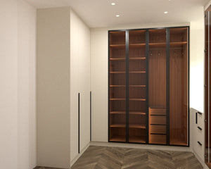 Regents Park walk-in wardrobe in London: black aluminium framed glass door closed over a walnut interior, with fitted cupboards either side