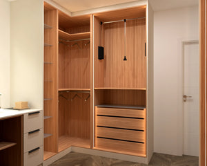 Regents Park walk-in wardrobe in London, second view with the glass doors open: walnut corner run with double hanging, a pull-down rail, shelving and a bank of drawers under a lit shelf. Made to measure by Metro Home Interiors