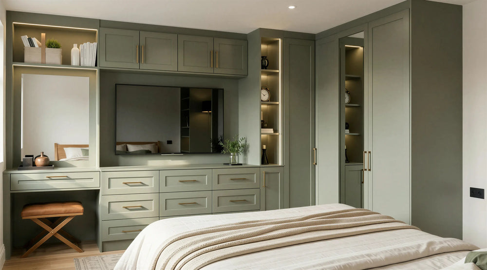 Richmond Shaker Media Wardrobe with Sage Green matt shaker doors, integrated TV unit, dressing table, display shelving and bespoke fitted storage by Metro Home Interiors in London.