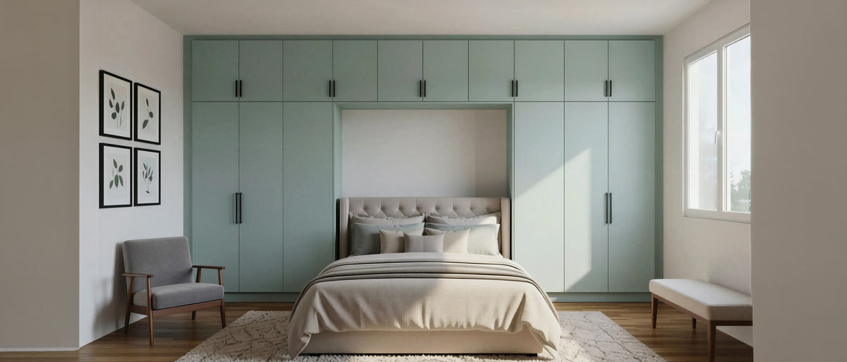 Sage green fitted wardrobes built around a bed with over-bed storage and slim black handles, made to measure in London