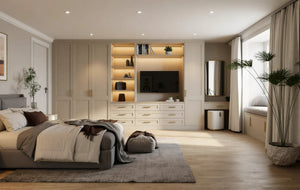 Seraphina fitted bedroom furniture in London: Cashmere Grey shaker wardrobes with brass bar handles; the television recess with lit shelving above and drawers below, seen from the bed. Made to measure by Metro Home Interiors