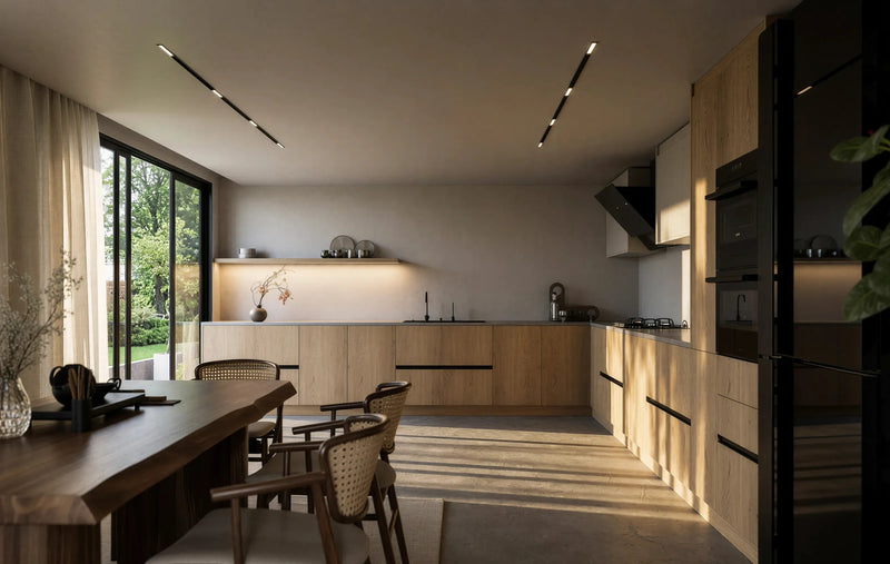 Shoreditch Oak Handleless Kitchen in London: light oak woodgrain handleless doors with a dark grey stone worktop, black tall units and a walnut dining table; the full L-shaped run with black oven tower, wall units and a walnut dining table. Made to measure by Metro Home Interiors