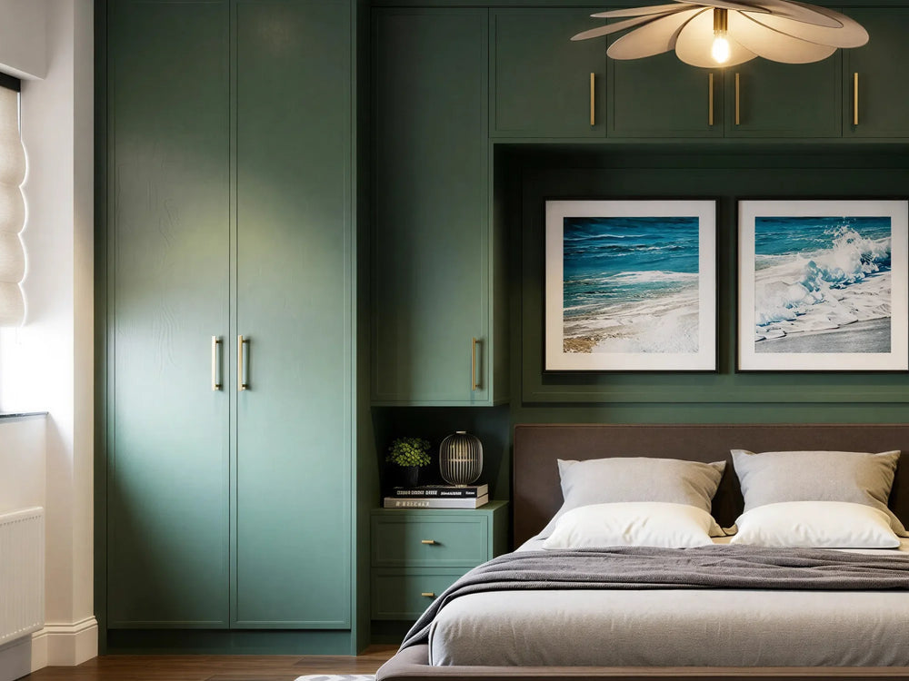 Brooklyn door detail: forest green painted solid ash Brooklyn doors with brass bar handles, on a made-to-measure fitted wardrobe in London by Metro Home Interiors