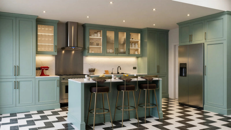 St John's Wood Shaker Island Kitchen in London: sage green in-frame shaker doors with brass handles, a white marble island with breakfast bar, a range cooker and a chevron tiled floor; the marble island, range cooker and glazed wall units. Made to measure by Metro Home Interiors