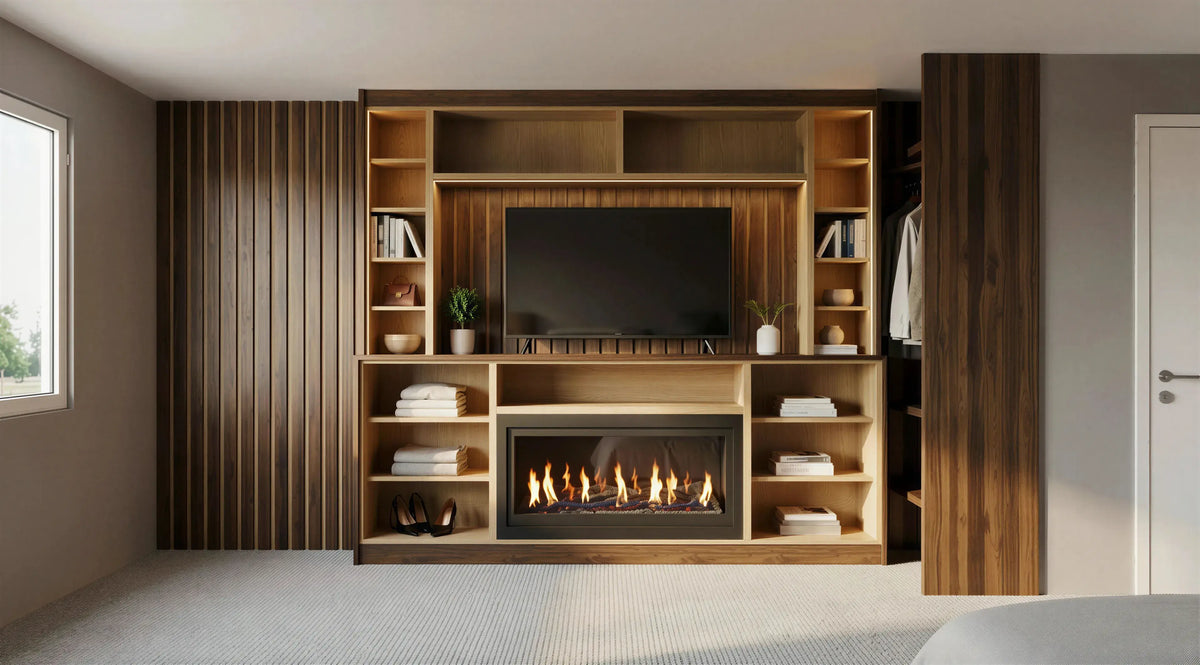 Thornbury Media Unit London in Cotta Cremona Oak featuring a contemporary handleless design, concealed soft-close hinges and bespoke fitted TV media storage by Metro Home Interiors.