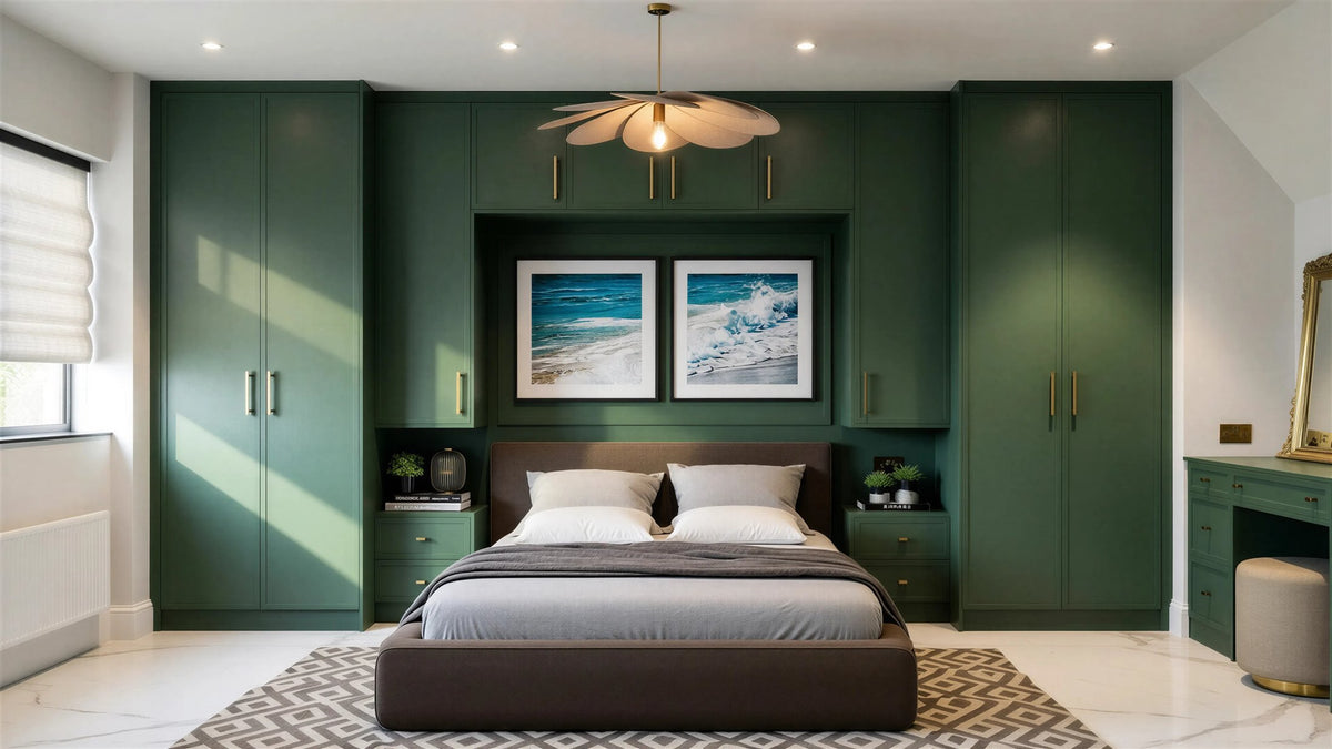 Solid wood fitted wardrobes painted forest green — Brooklyn timber doors over-bed run