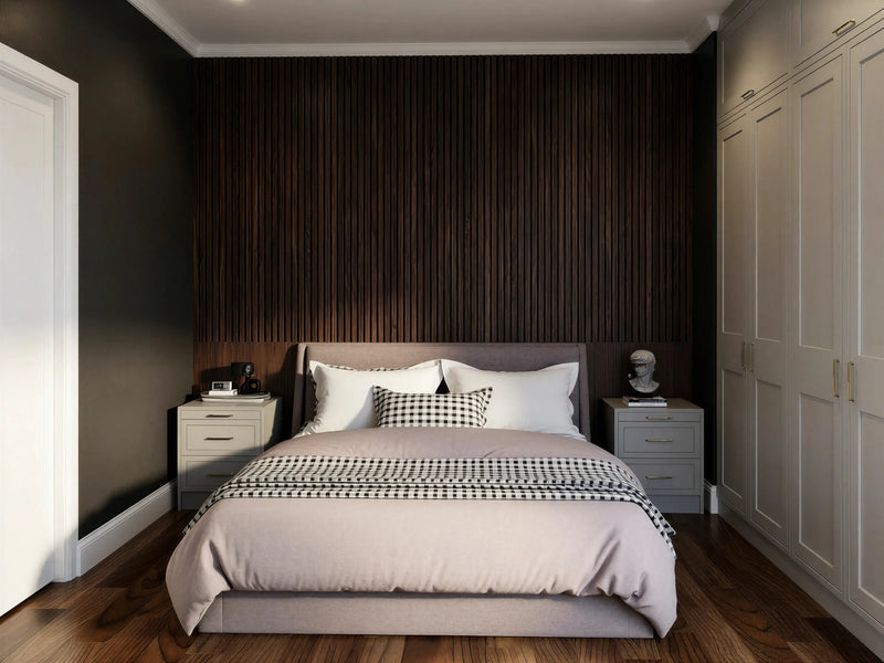 Wellington MDF painted fitted wardrobe in London: greige mock in-frame shaker doors, wardrobes either side of the bed with matching bedside chests against a dark slatted wall, made to measure by Metro Home Interiors