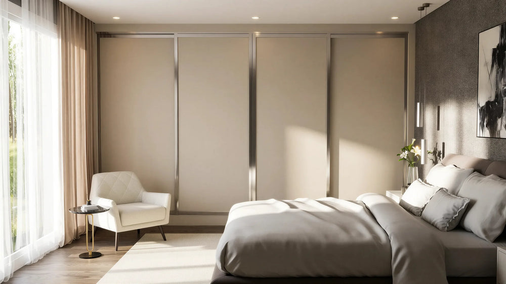 Winchester Panel Sliding Wardrobe in London, Full Panel door layout: cashmere panel doors with champagne profiles, made to measure by Metro Home Interiors