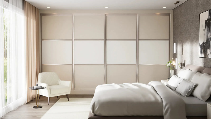 Winchester Panel Sliding Wardrobe in London, Three Equal Panel door layout: cashmere panel doors with champagne profiles, made to measure by Metro Home Interiors