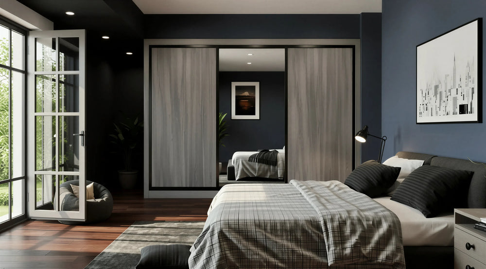 Windsor Woodgrain Sliding Wardrobe with Grey Oak woodgrain doors, centre silver mirror panel, black aluminium profiles and soft-close sliding system by Metro Home Interiors in London.