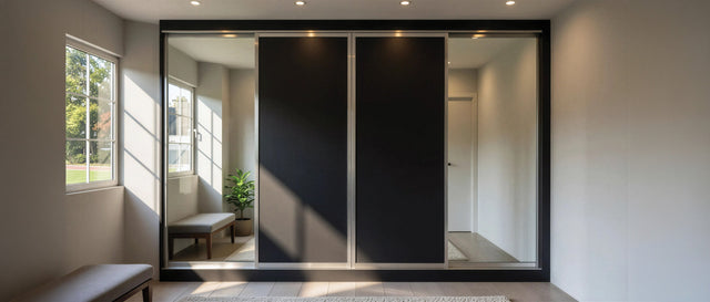 Black and mirror sliding door wardrobes in a London bedroom, made to measure