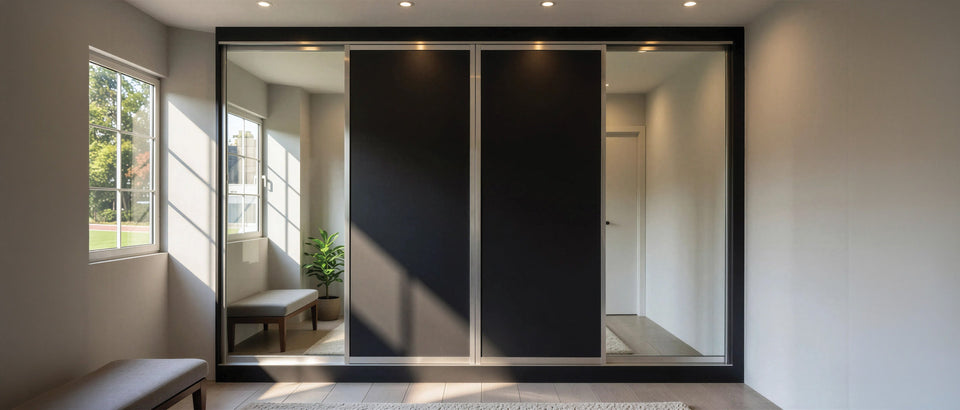 Black and mirror sliding door wardrobes in a London bedroom, made to measure