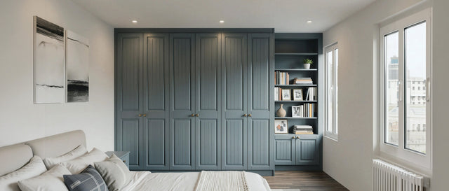 Blue shaker fitted bedroom furniture with wardrobes, drawers and a bookcase either side of a chimney breast, made to measure in London