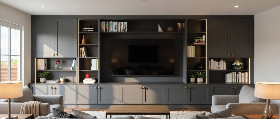 Charcoal shaker fitted media wall with a television, lit shelving and cupboards in a living room, made to measure in London