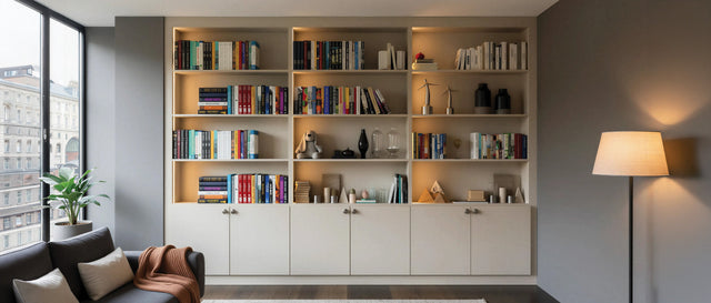 Cream fitted library wall with lit bookshelves and cupboards below, made to measure in London
