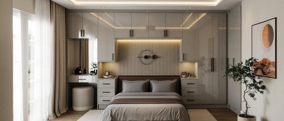 Light grey high-gloss edged fitted wardrobes bridging over a bed with a fluted headboard panel, made to measure in London