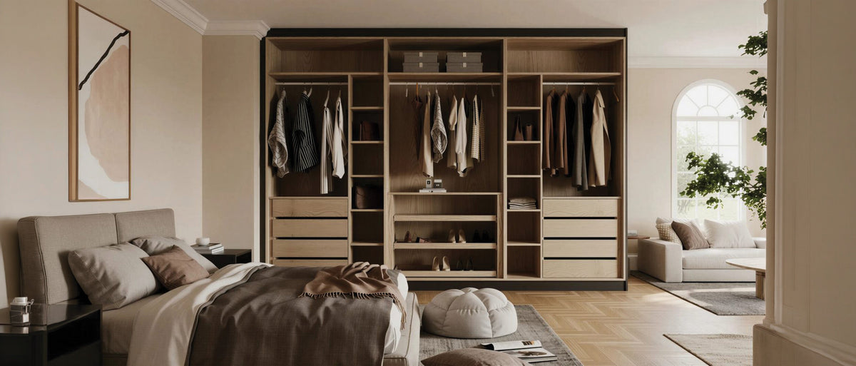 Light oak master bedroom suite with open wardrobes, made to measure in London