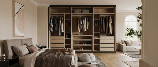 Light oak master bedroom suite with open wardrobes, made to measure in London