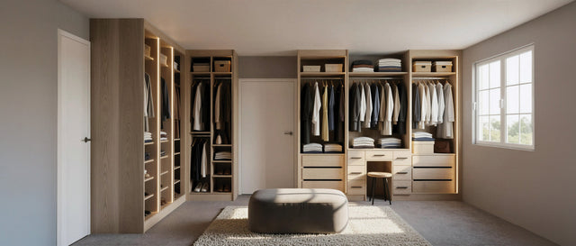 Oak walk-in wardrobe with open shelving, hanging and drawers, made to measure in London