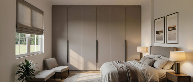 Taupe handleless slab fitted wardrobes fitted floor to ceiling beside a bed, made to measure in London