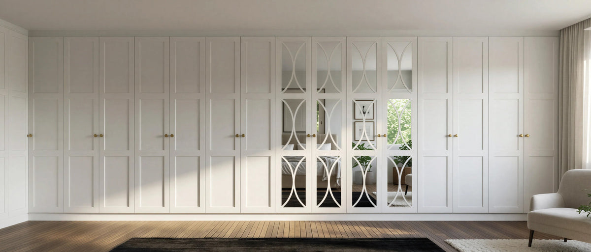 White shaker fitted wardrobes with mirror centre doors, made to measure in London