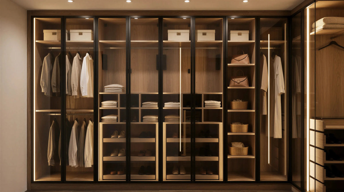 Victoria Hinged Wardrobe with black aluminium glass doors, Cashmere Grey interior, profile handles and soft-close hinges by Metro Home Interiors in London.