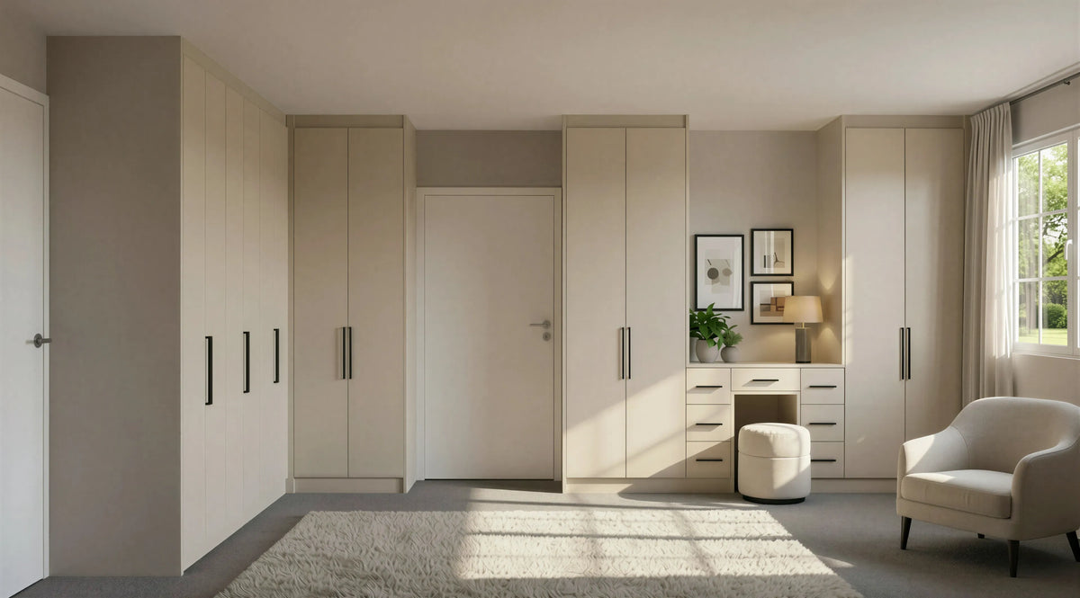 K2737 Cotta Cremona Oak fitted hinged wardrobe in a guest bedroom, built floor-to-ceiling in London