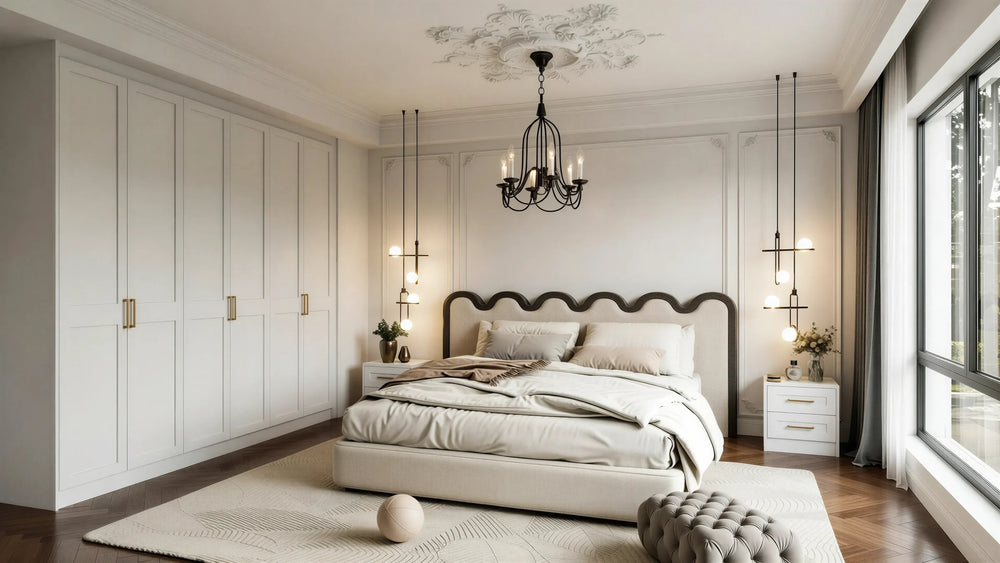 Arabella fitted bedroom furniture in London: ivory in-frame panelled wardrobe wall with brass handles under a chandelier; the ivory panelled wardrobe wall, chandelier and scalloped headboard. Made to measure by Metro Home Interiors
