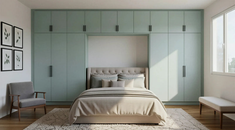 Balmoral Over-Bed Wardrobe in Fjord Green featuring contemporary slab doors, overhead bridging cabinets, knob handles and bespoke fitted bedroom storage by Metro Home Interiors.