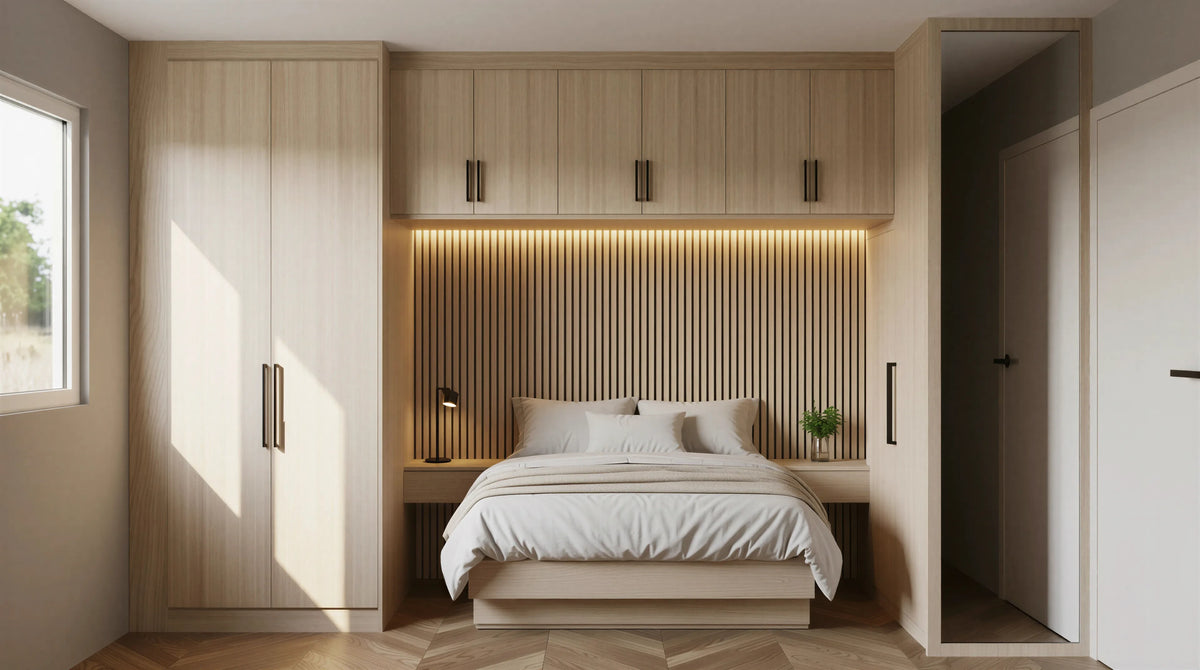 Bamburgh Over-Bed Wardrobe in Cashmere Grey U702 ST9 featuring slab doors, overhead bridging cabinets, slim black bar handles and bespoke fitted bedroom storage by Metro Home Interiors.