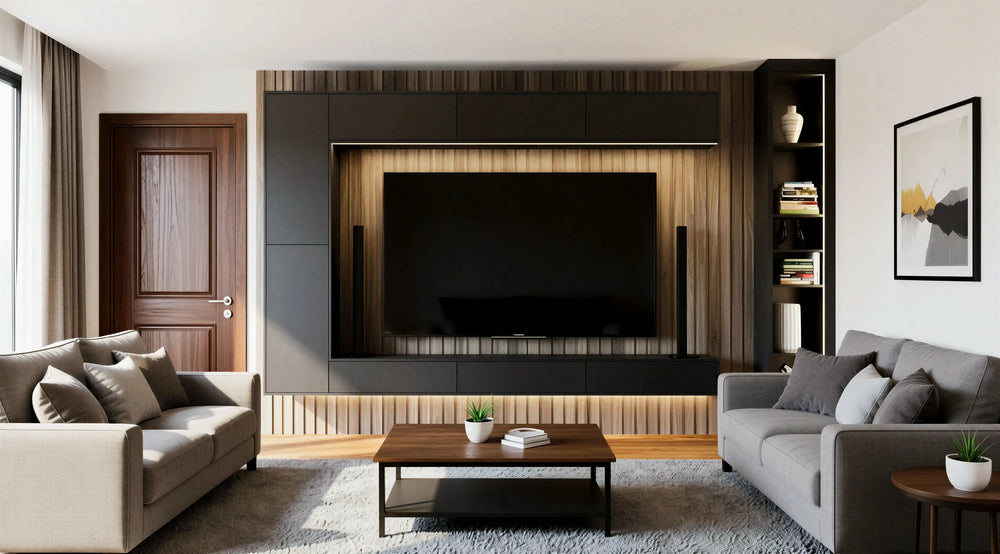 Barbican bespoke media unit with fitted TV wall, integrated storage and contemporary shelving, custom made by Metro Home Interiors in London.