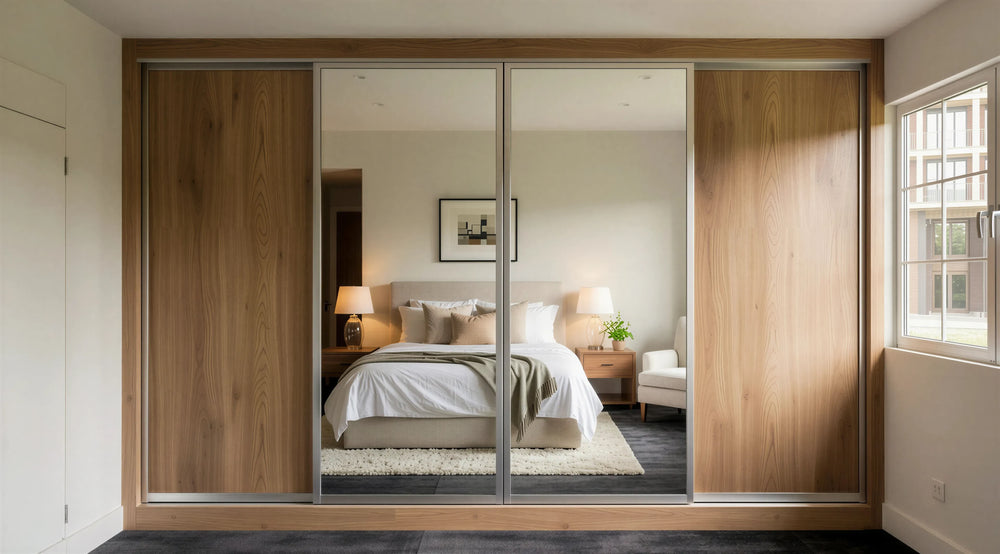 Bath Sliding Wardrobe with walnut woodgrain panels, full-height mirror centre panels, brushed aluminium frame and soft-close sliding doors by Metro Home Interiors in London.