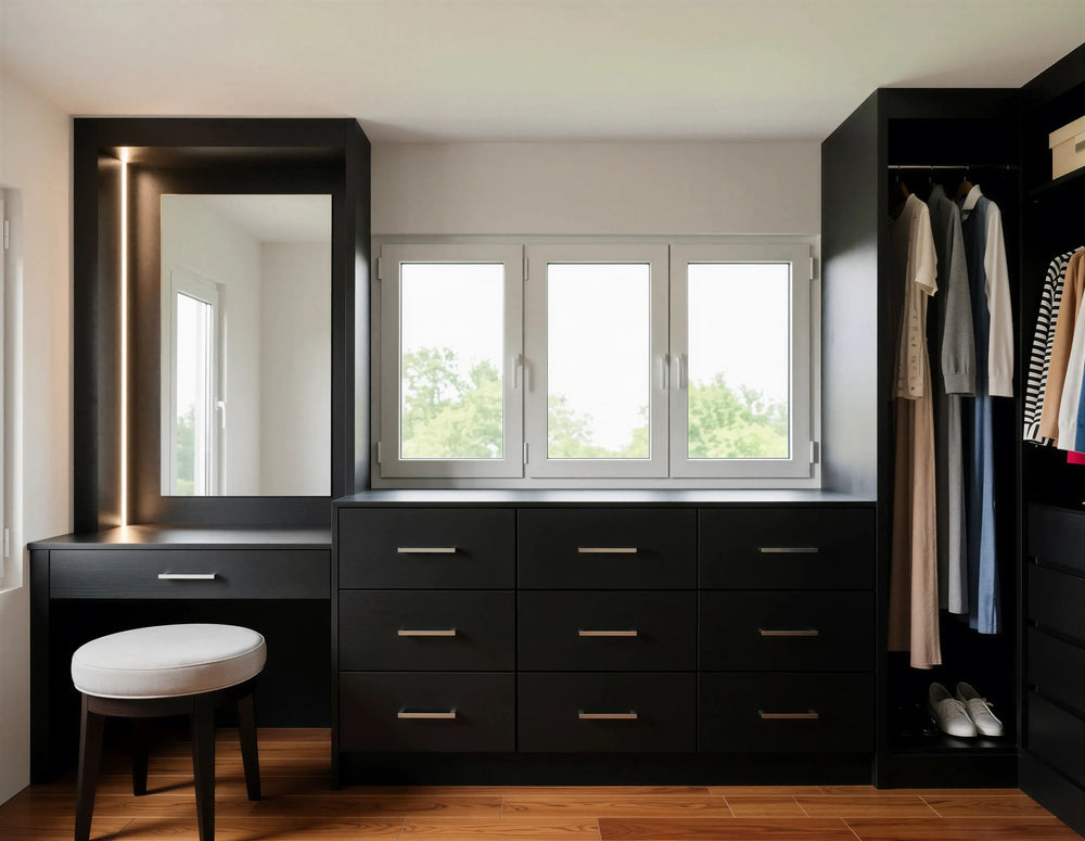 Beaumont Walk-In Wardrobe with open shelving, soft-close drawers, integrated warm white LED mirror lighting and Matt Black Woodgrain finish by Metro Home Interiors in London.
