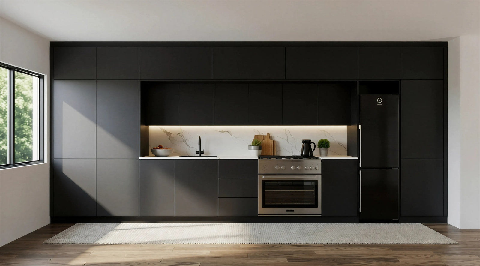 Belgravia matt black handleless kitchen with a lit marble splashback, a range cooker and a black fridge-freezer, London