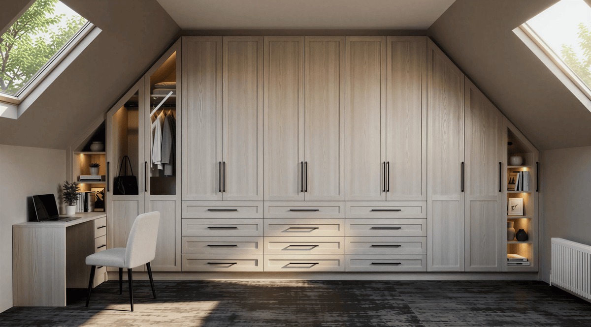 Made-to-measure Cotswold loft wardrobe with Shaker doors, Legno Cashmere finish, soft-close hinges and bespoke loft storage for a sloping ceiling bedroom.