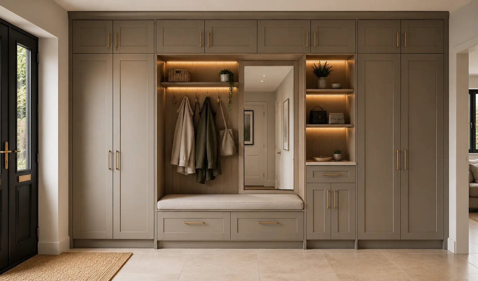 Bespoke fitted foyer entrance storage with bench seating, coat storage and integrated lighting