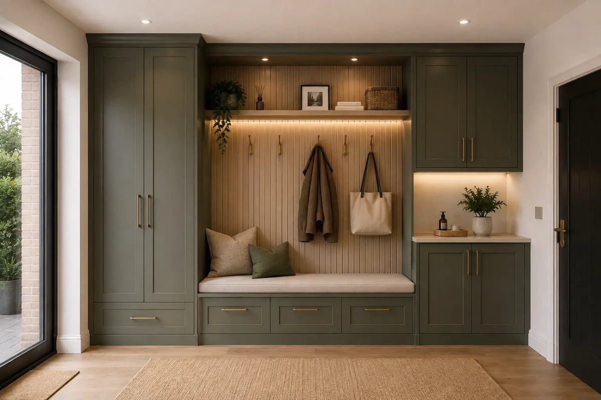 Bespoke fitted foyer unit with olive green Shaker cabinets, integrated bench seating, coat storage and warm LED lighting in a London home