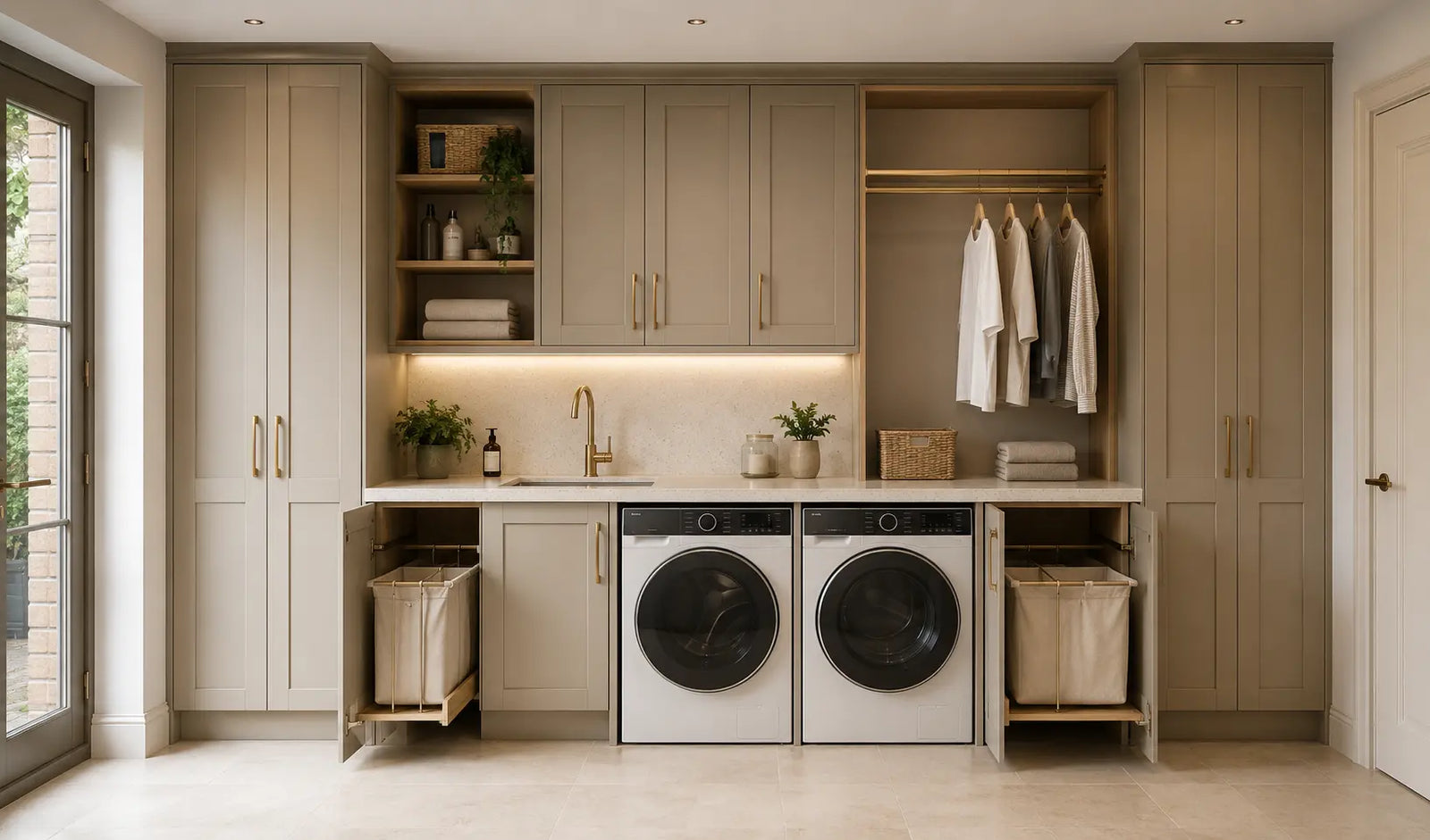 Bespoke fitted laundry room with greige Shaker cabinets, integrated appliances, quartz worktop and pull-out laundry storage